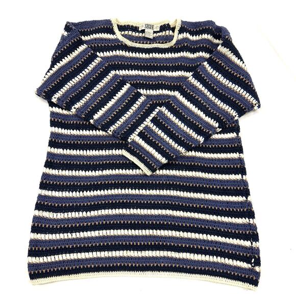 Vintage Segue Womens Sweater Tunic Long Striped Crochet Fisherman Ribbon Blue - Picture 1 of 10